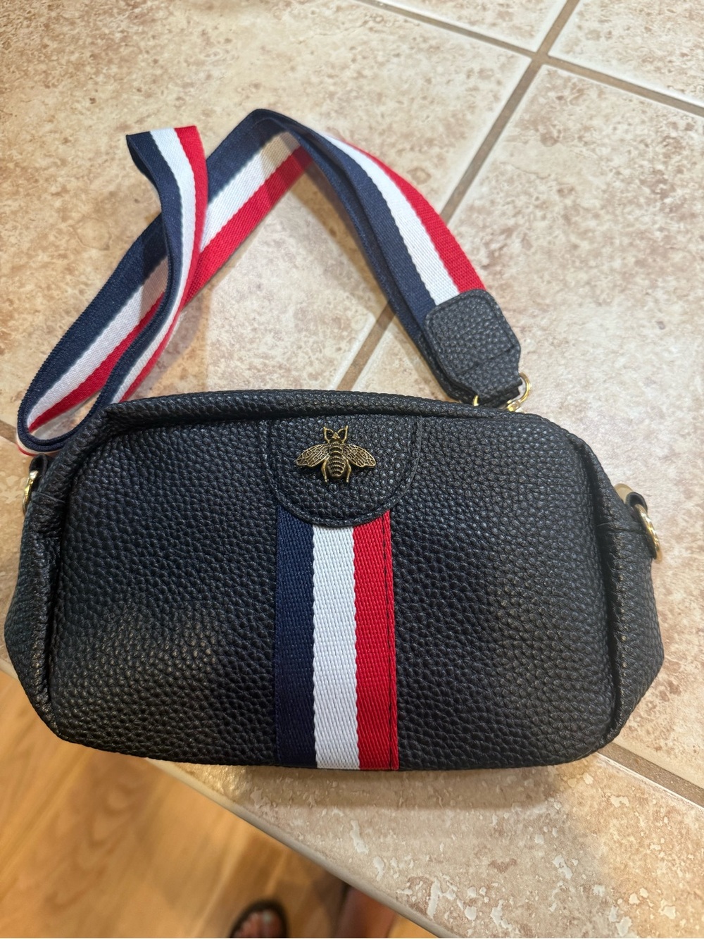 Amazon Black Crossbody Bag with Red-White-Blue Stripe